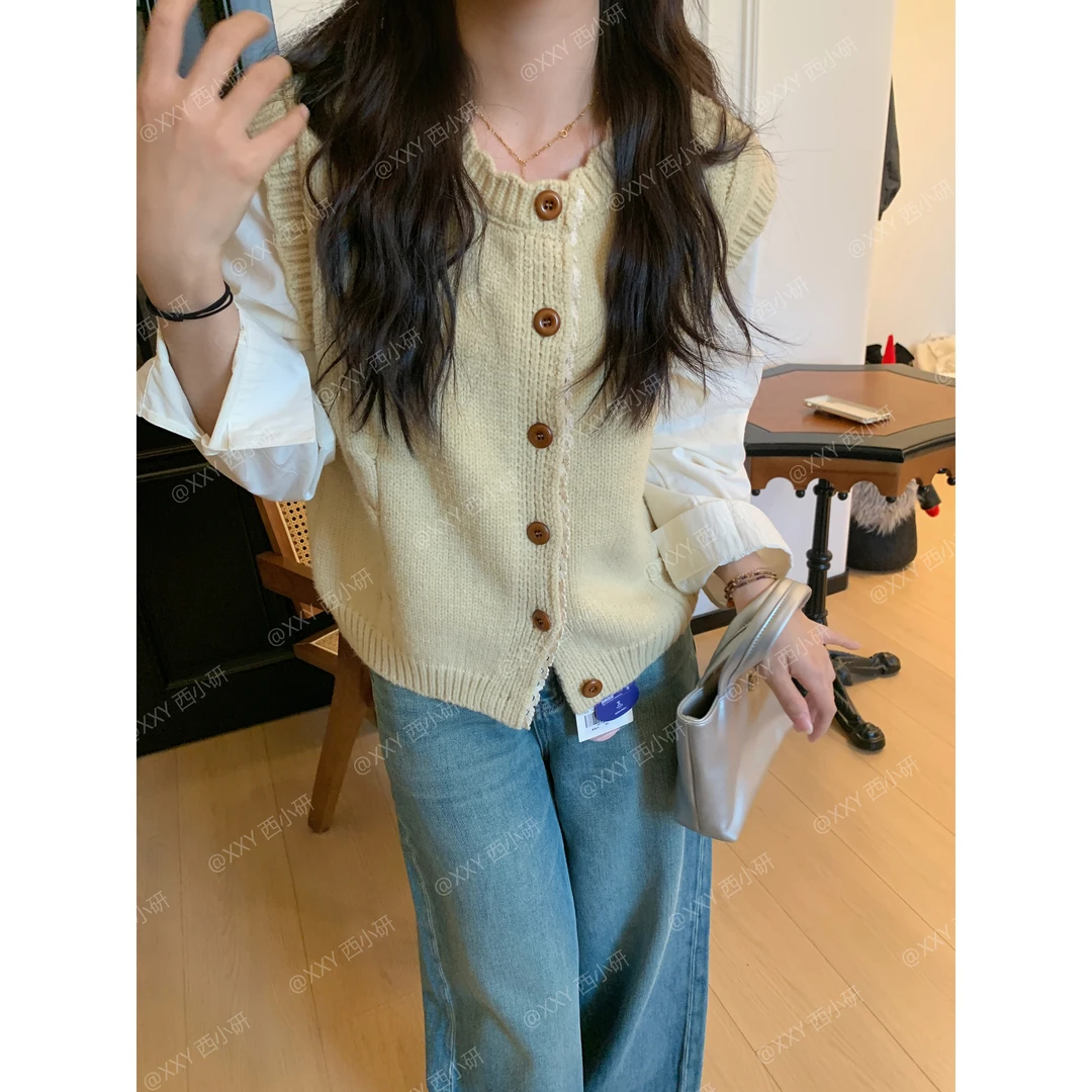 【假两件拼接】早春新品 马甲衬衫法式复古气质设计感开衫显瘦针织