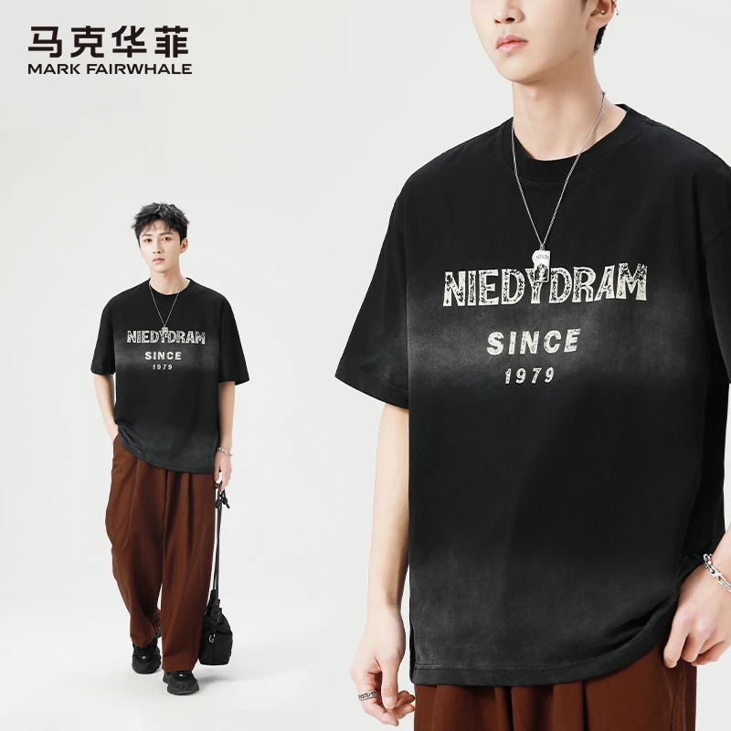 马克华菲美式潮牌男士圆领短袖T恤夏季渐变色字母印花做旧简约T恤