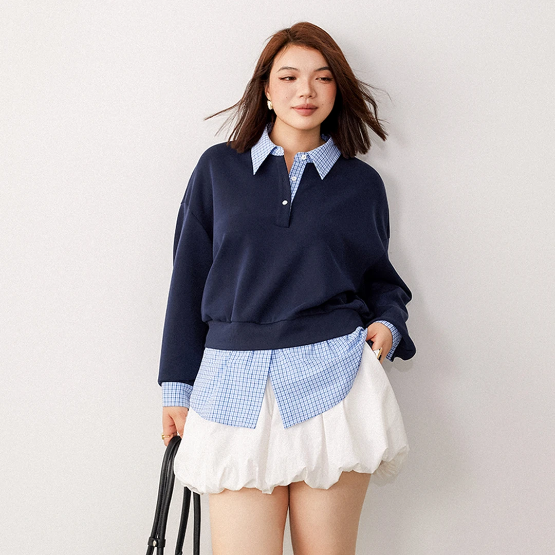 PLUSMALL 剑桥优等生 莫代尔空气层MIU系假两件卫衣PLUS2508068