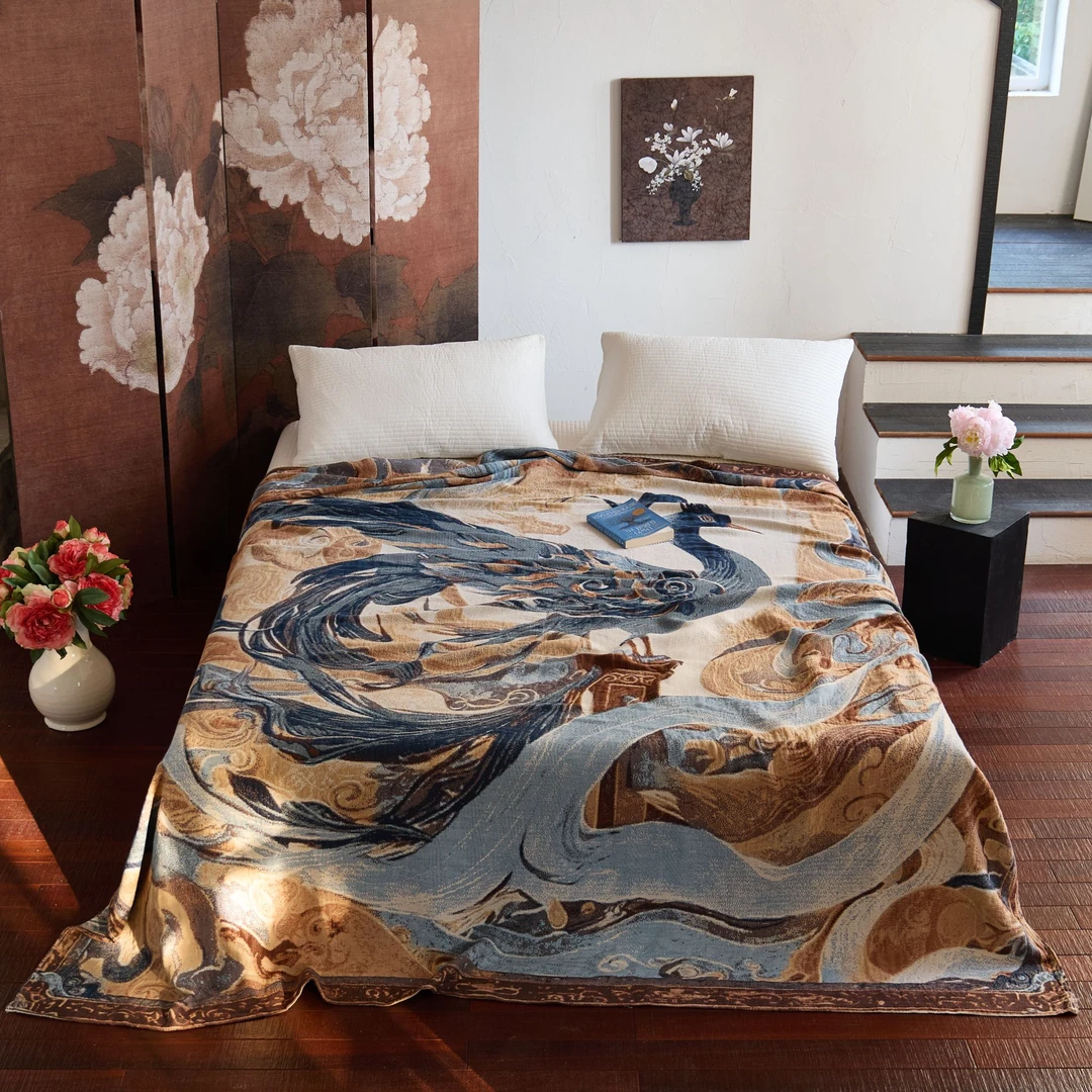 【敦煌-青鸟】200*230cm高定款重工提花鲁绣毯 (蓝染工艺)