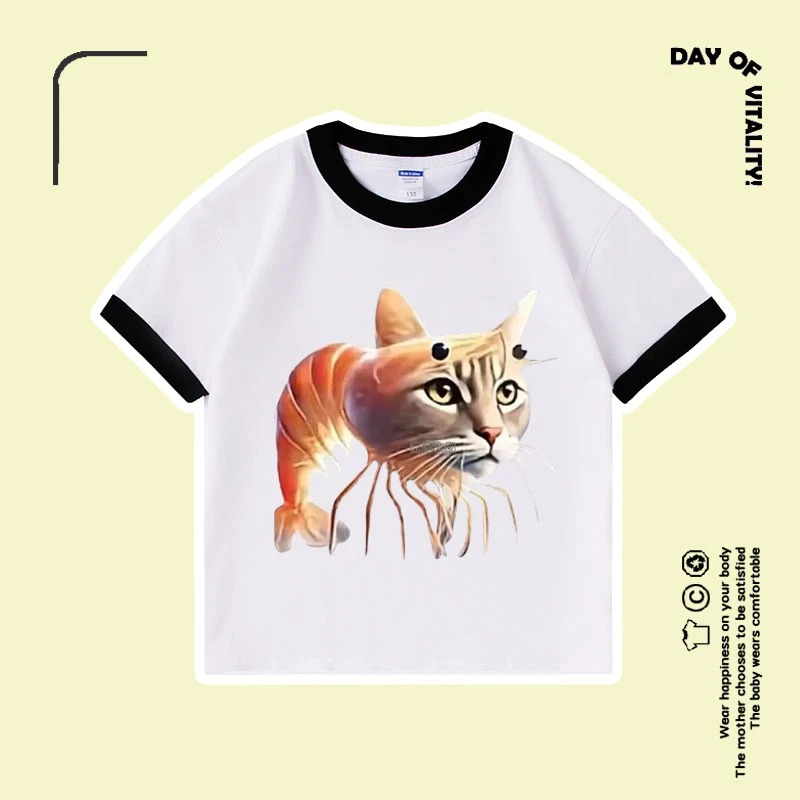 国外新款tungtungsahur通通哥龙虾猫山海经柔软舒适短袖T恤儿童装