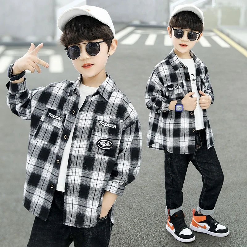儿童男女童春秋2023棉格子衬衫中大童长袖校服表演服学生装百搭潮