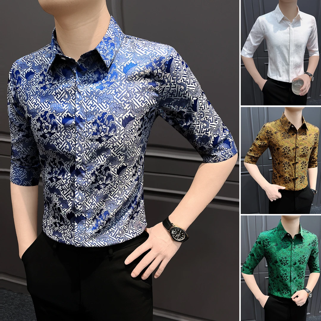 国风七分袖衬衫男款秋季痞帅高级感潮牌男装洋气印花男士短袖衬衣