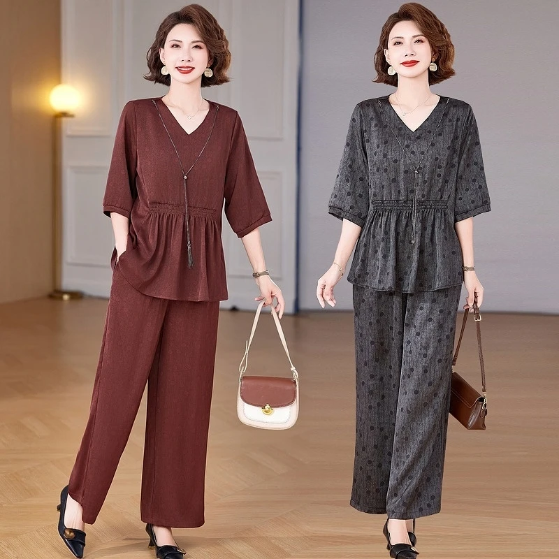 长裤碎花V领复古港风套装中老年女装宽松春夏显瘦洋气妈妈两件套