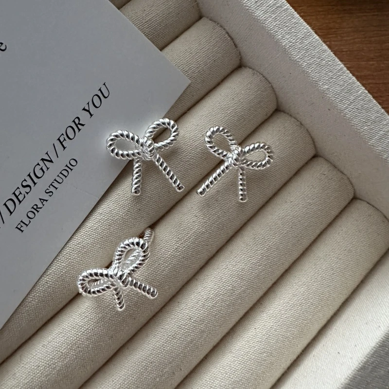 925银戒指 韩版小众设计感蝴蝶结麻花戒指韩系INS风简约少女耳环