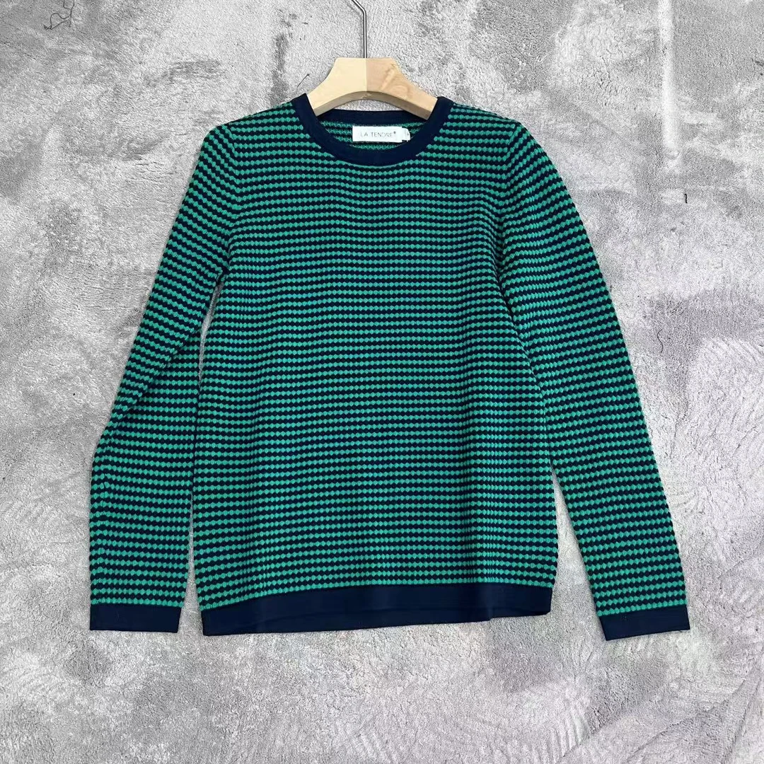 2025早春圆休闲领绿色条纹套头长袖毛衣