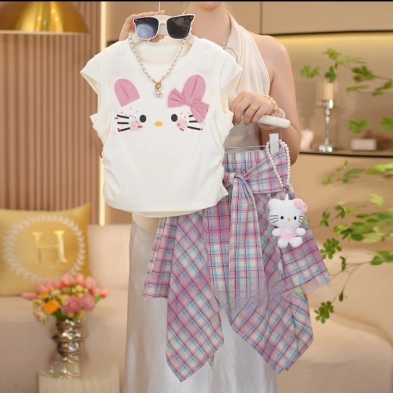 女童格子裙套装夏装2025新款儿童洋气韩版无袖卡通无袖T恤两件套