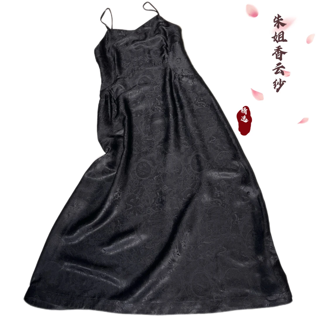 【黑色魅影】40姆米黑色花罗夏季显瘦百搭吊带长裙