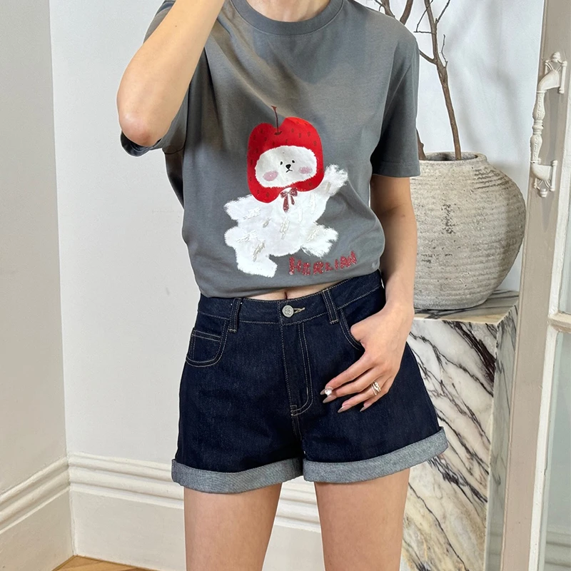 河岸家设计师Herlian苹果小狗logo图案宽松T恤休闲短袖25春夏