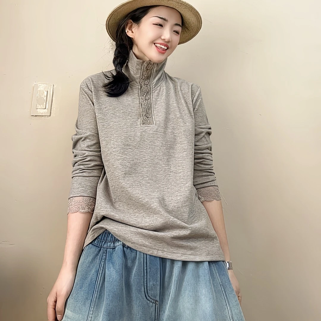 麻豆豆服饰精选（花意）弹力双面绒花边领打底衫