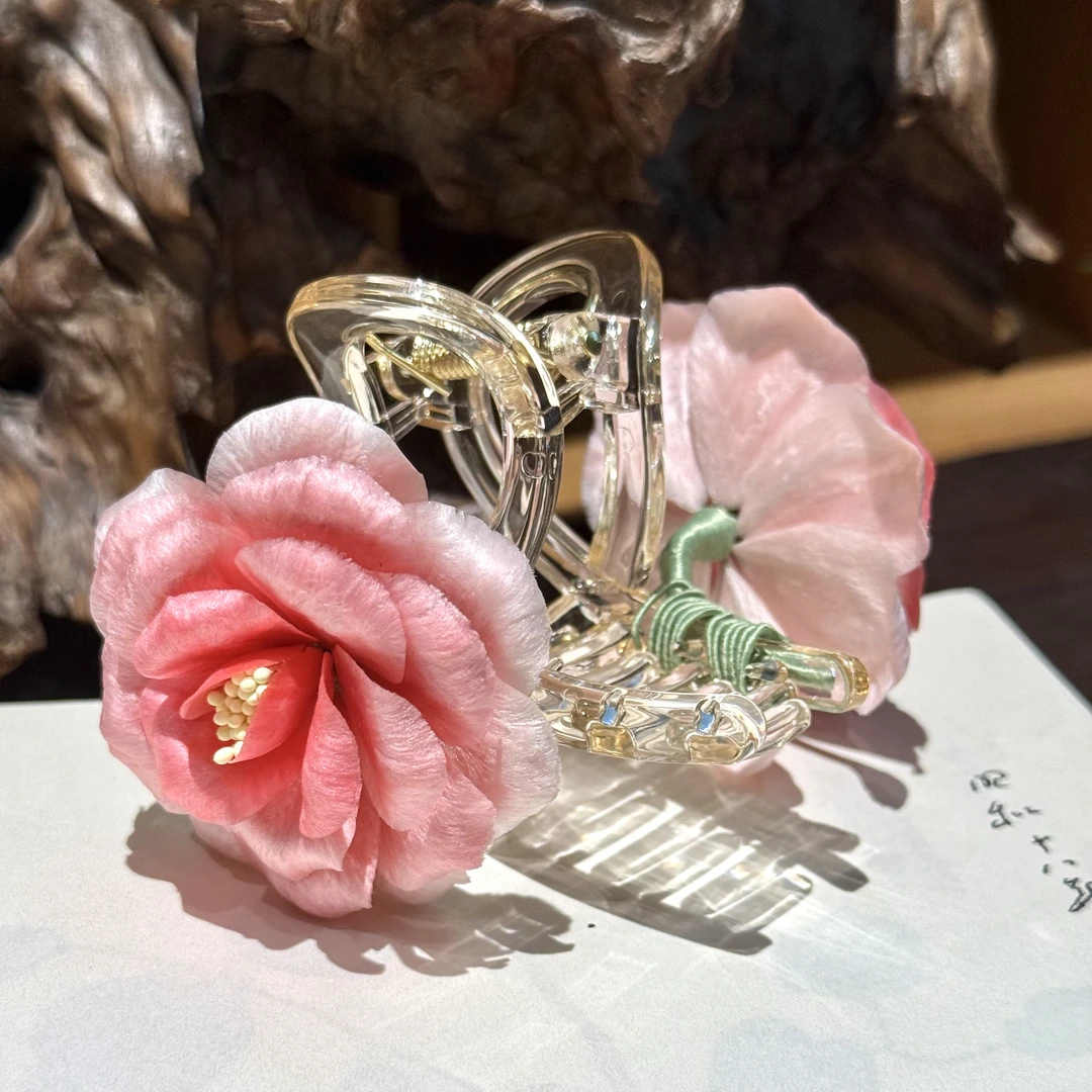 粉色牡丹花抓夹 非遗绒花手工抓夹日常百搭头饰发饰
