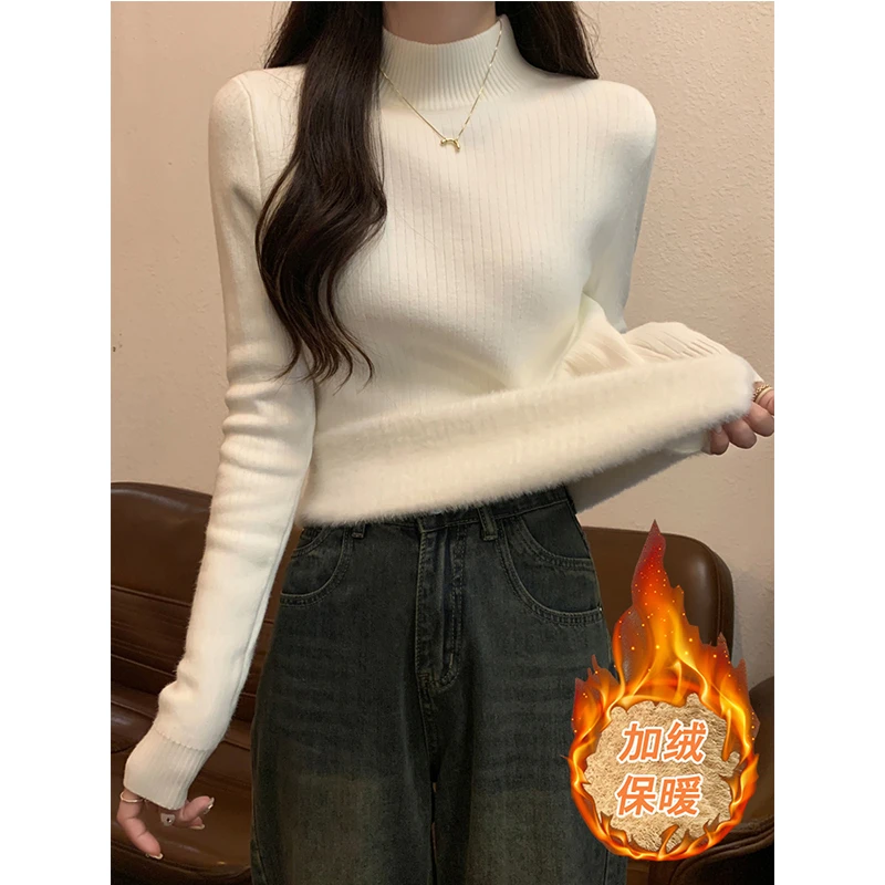 秋冬半高领修身紧身长袖打底针织衫上衣加厚一体绒保暖白色毛衣女