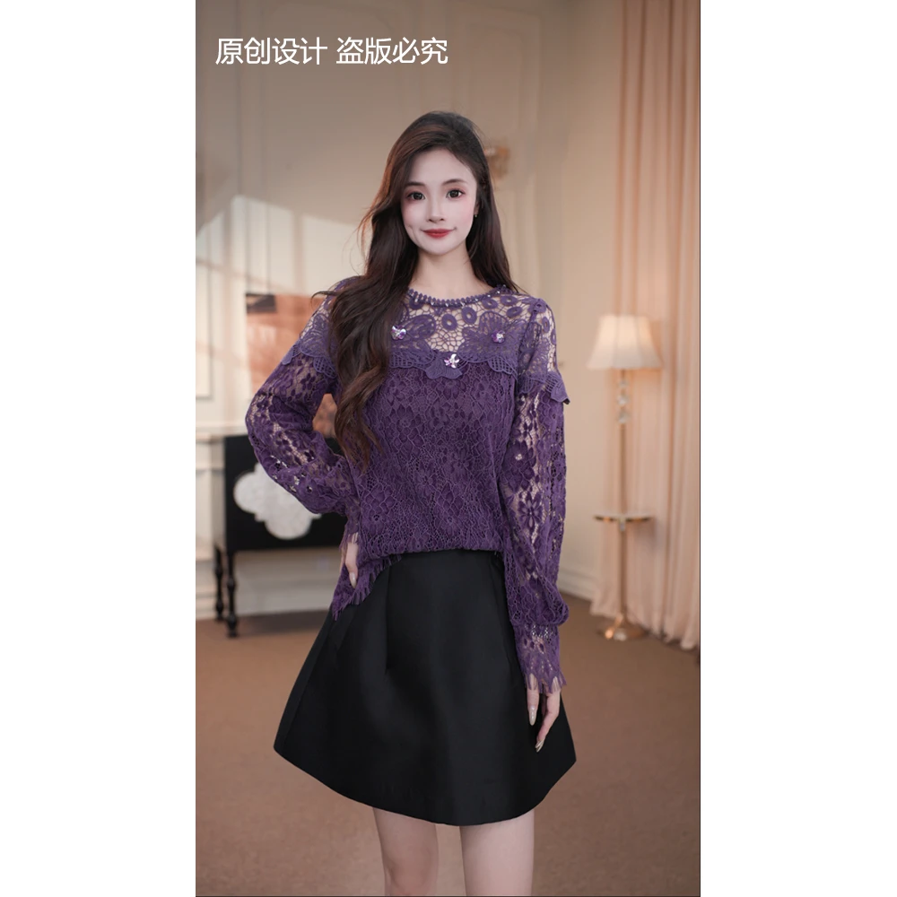 宁宁·柔蔓生花·秋装新款紫色花朵设计感图案小衫上衣女装-91028