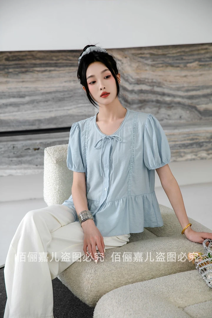 夏季韩系宽松显瘦设计感花边小众气质短袖衬衫