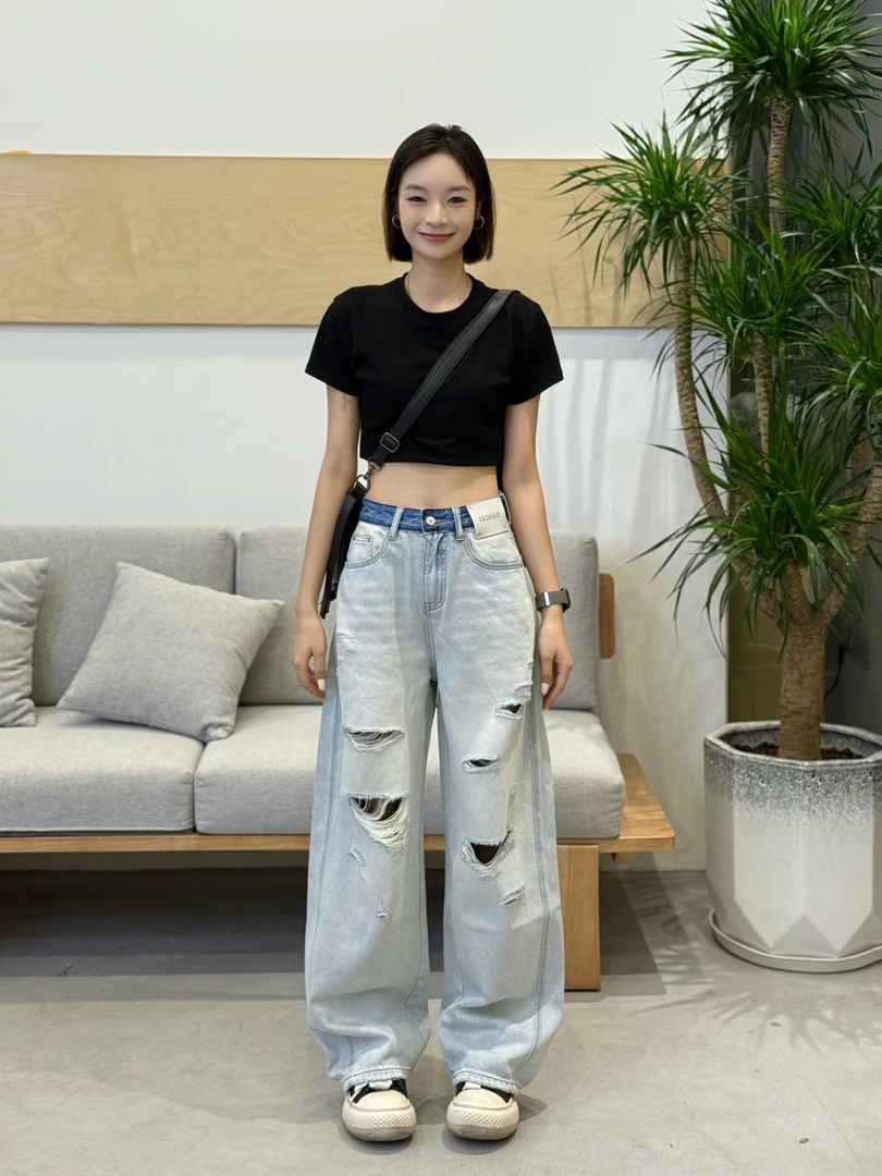 TO【XR11103】撞色腰头美式复古破洞牛仔裤潮牌休闲宽松弯刀堆堆裤