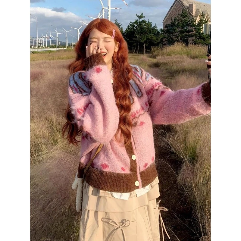 粉色费尔岛毛衣外套女2025秋冬季新款外穿宽松慵懒风美式针织开衫