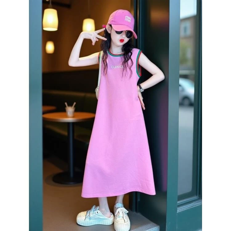 女童夏连衣裙2025新款女大童夏季高级感无袖裙子夏装多巴胺小洋裙