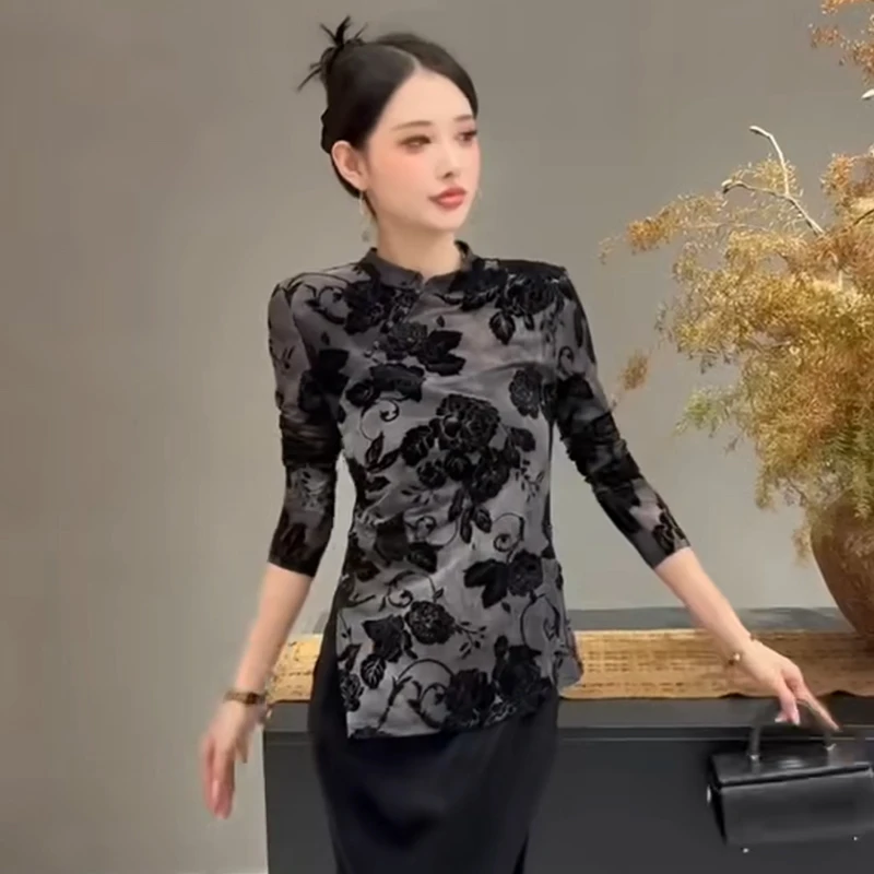 设计感开叉小衫女秋季2025新款修身显瘦时尚T恤植绒长袖洋气上衣