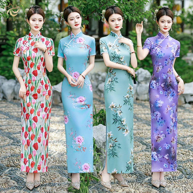 斜襟新中式日常长旗袍高开衩旗袍走秀中国风大码印花优雅年轻礼服