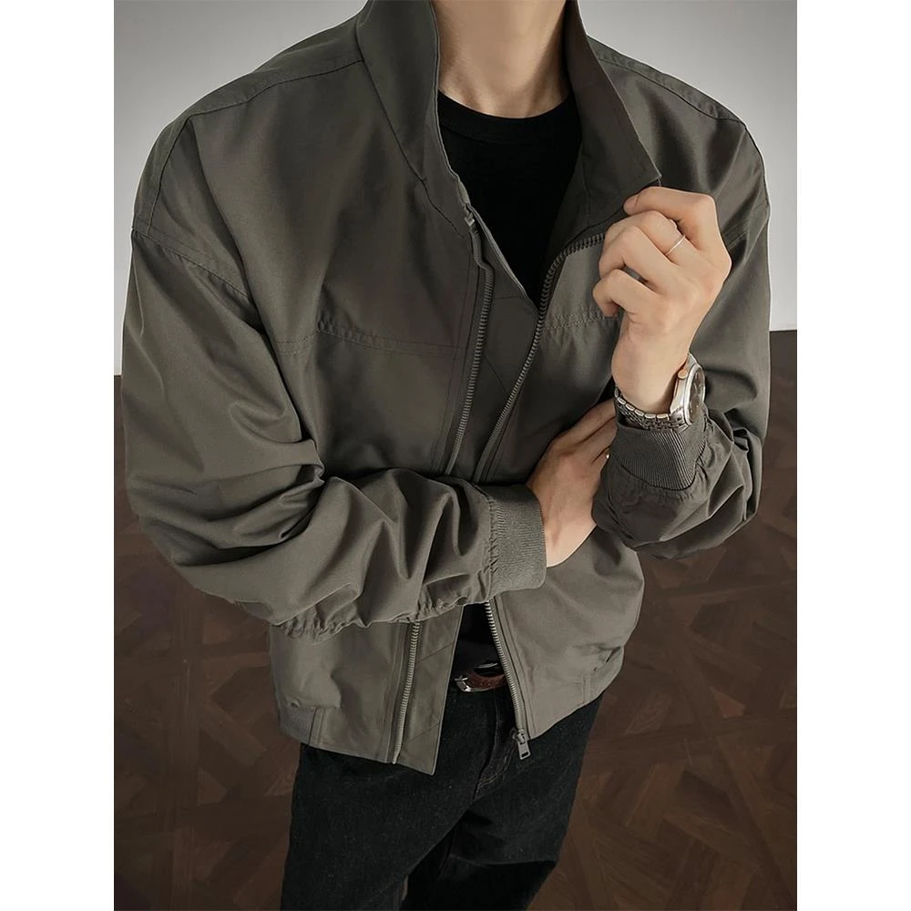 美式教练立领夹克秋季boxy短宽双开门硬汉工装外套痞帅正肩机车服