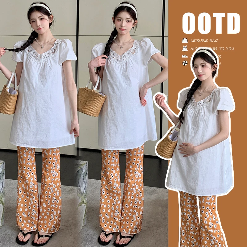 孕妇衬衫夏季时尚高级感气质甜美泡泡袖娃娃＋花朵印花微喇裤套装