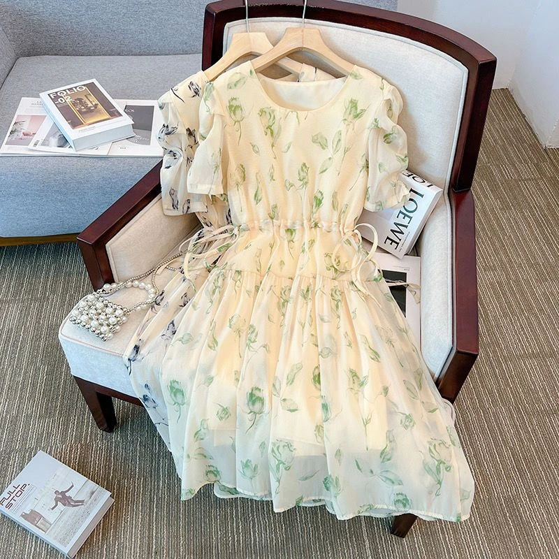 2025夏季大码宽松百搭复古连衣裙女泡泡袖雪纺长裙高腰显瘦裙子