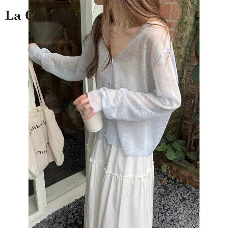 拉夏贝尔天蓝色冰丝开衫女薄款2025夏季新款披肩针织外搭罩衫外套