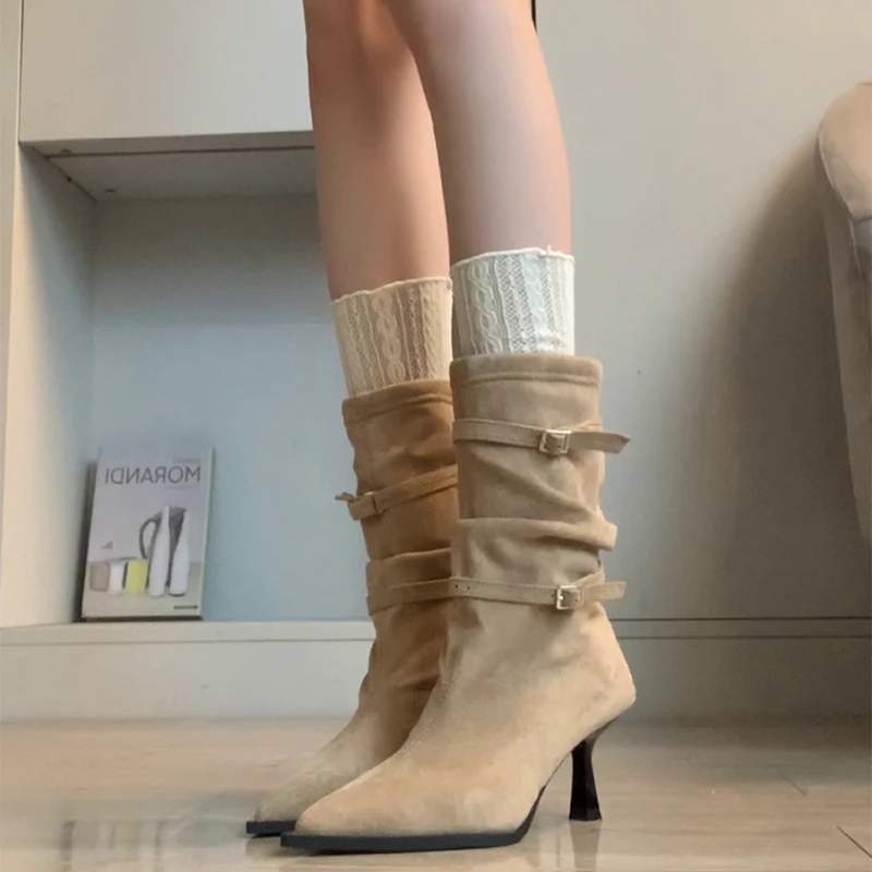 尖头气质复古褶皱堆堆靴显瘦细跟西部靴高跟短靴女瘦瘦靴