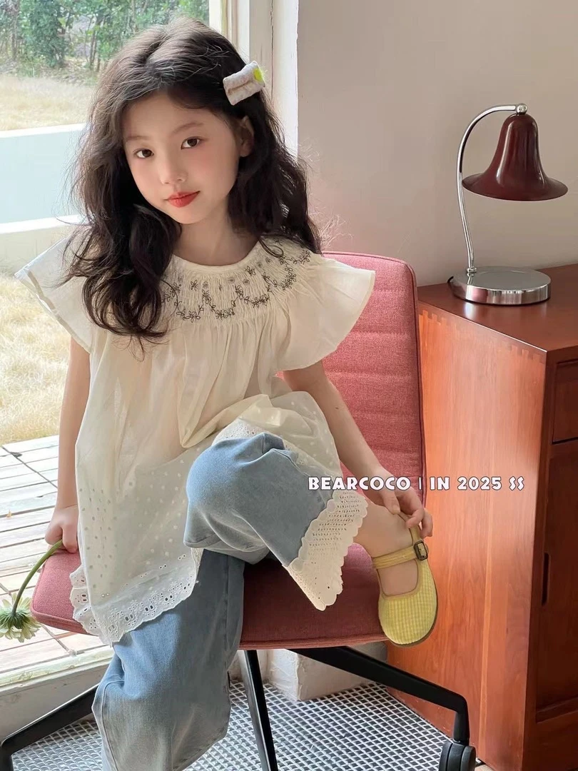 5668脚口贴花边夏季白色牛仔裤儿童宝宝上衣夏装XXKK