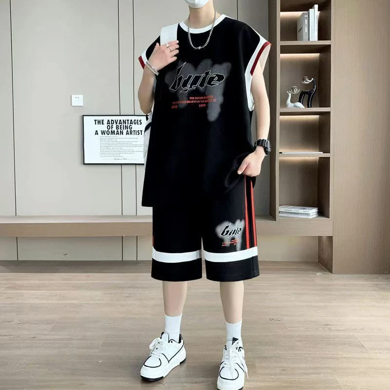 夏季新款男士无袖背心套装潮牌百搭宽松青少年学生篮球服两件套