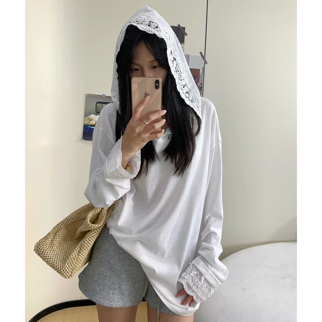 重工钩花蕾丝拼接连帽T恤女休闲宽松显瘦百搭薄款防晒上衣夏