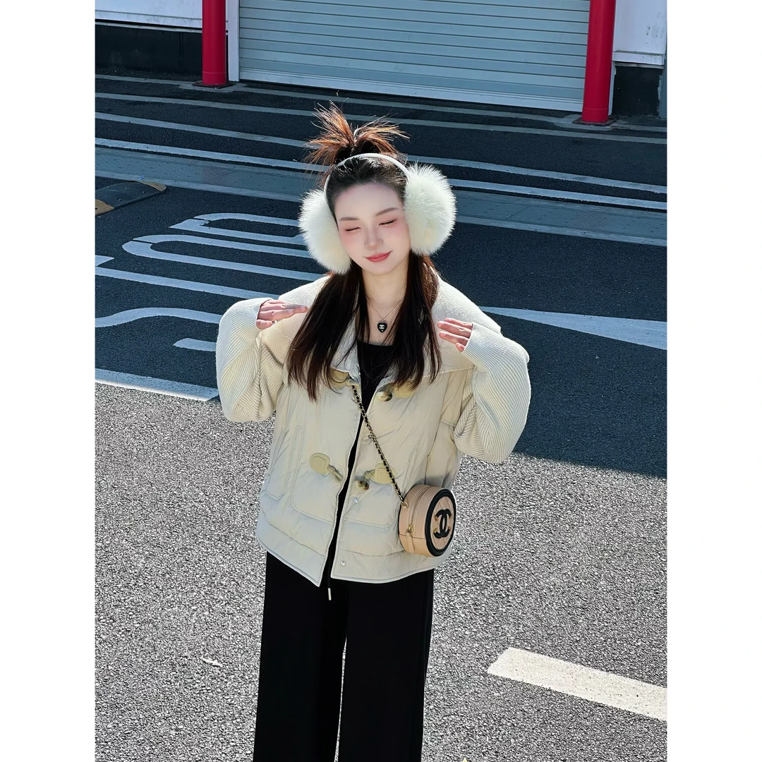 楠序微胖女装 冬季穿搭针织大翻领拼接90白鸭绒羽绒服女款NX13897