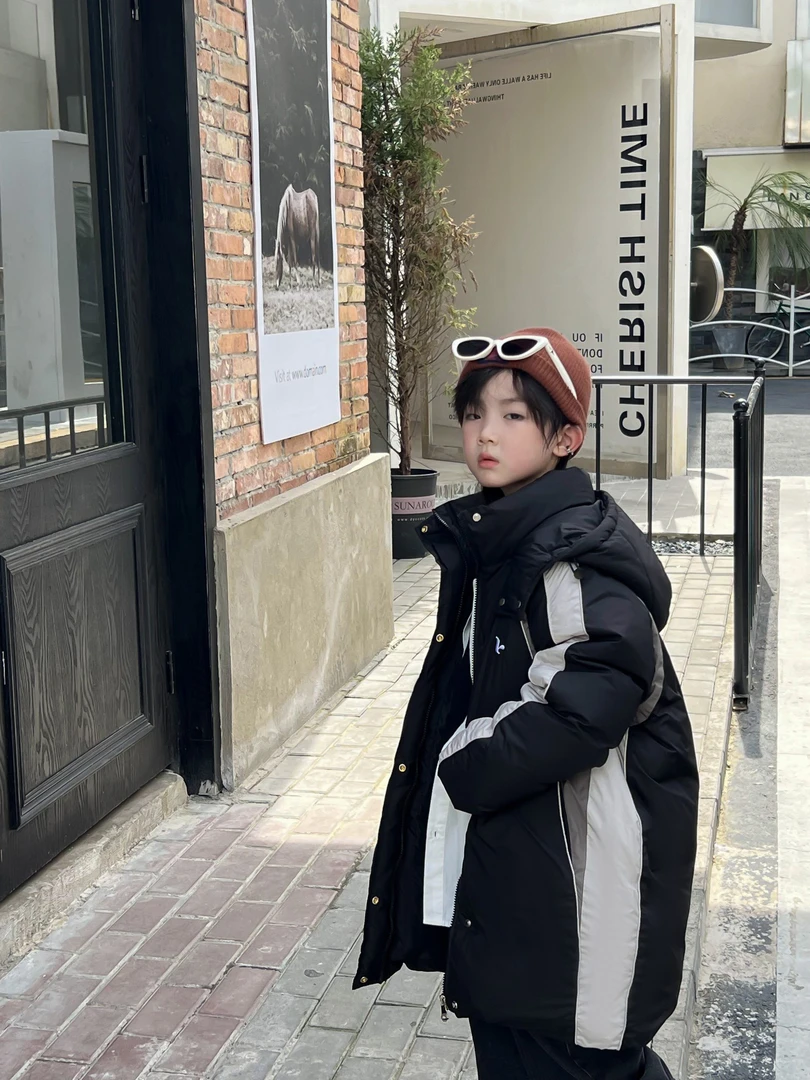 2024冬季男童长款羽绒服外套时尚连帽宽松中长款中大童