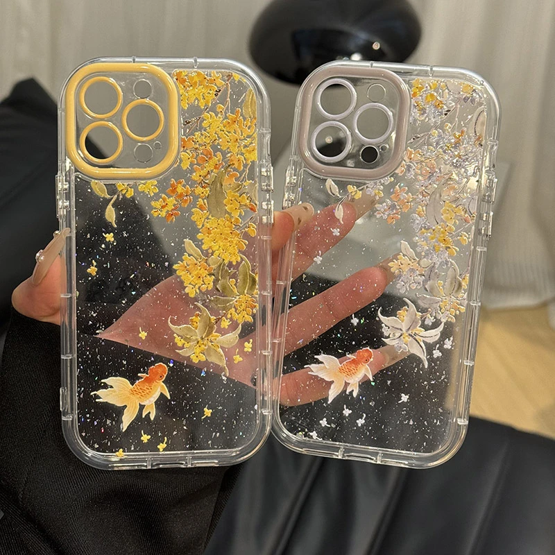 适用苹果16闪粉奶油壳华为mate70手机壳防摔iPhone15桂花金鱼金14