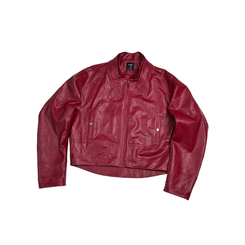 SGW蛇年限定「蛇骨」红色皮夹克刺绣弯刀解构双立领皮衣短宽廓形