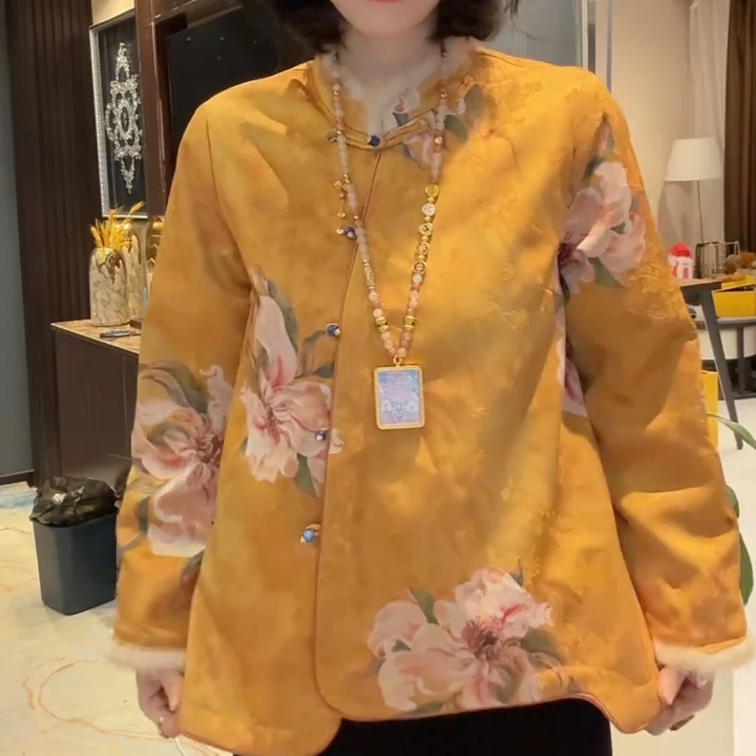 4827中式国风新款棉衣提花外套复古盘扣冬季保暖棉服加厚棉袄上衣