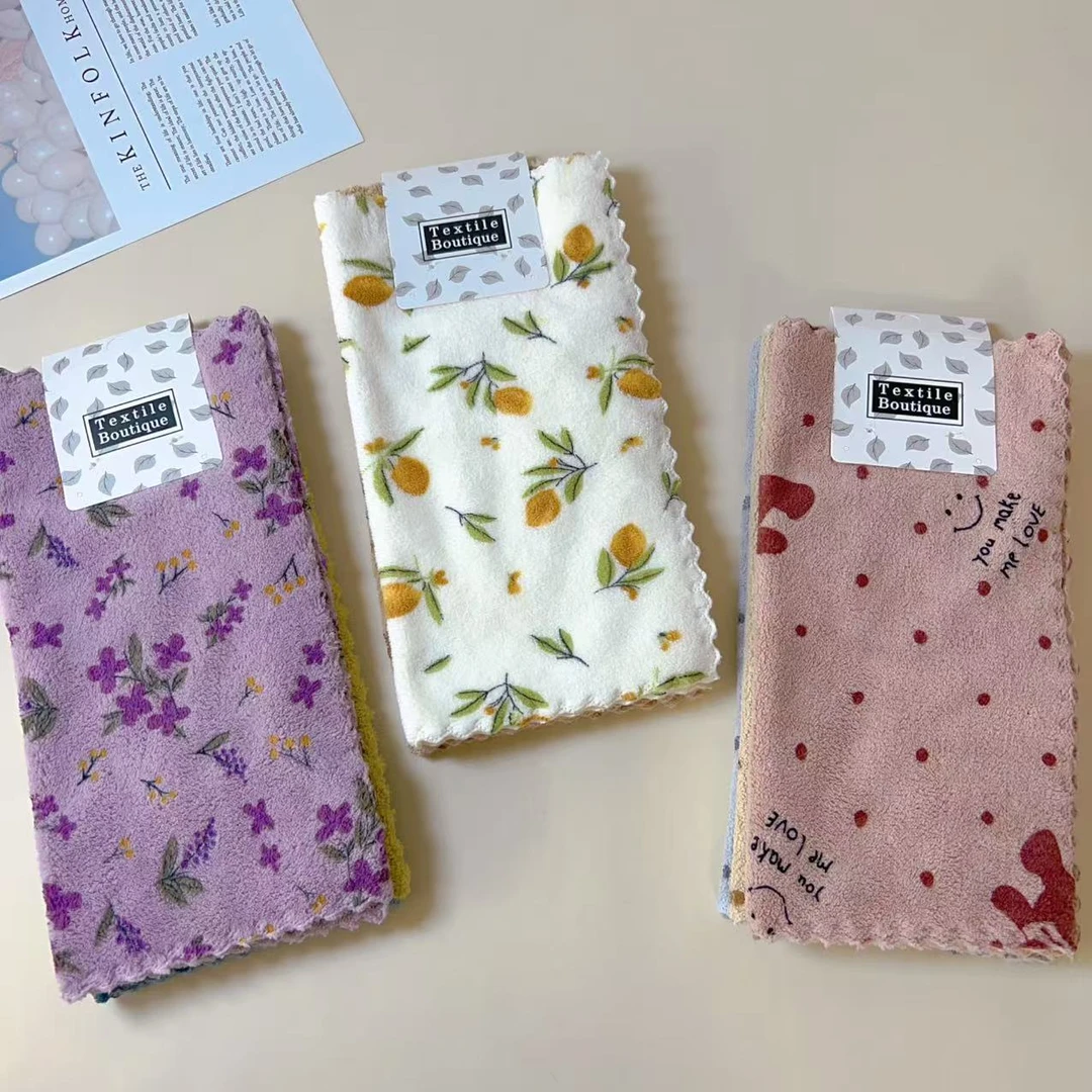 新款厨房抹布不粘油不掉毛易清洗加厚印花儿童方巾珊瑚绒清洁巾