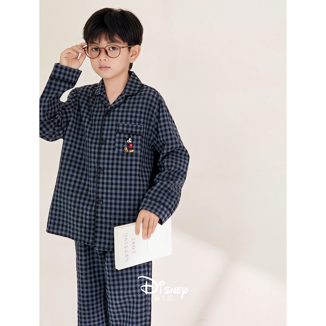 迪士尼春秋款儿童睡衣长袖格子柔软棉米奇亲子装男女宝家居服套装