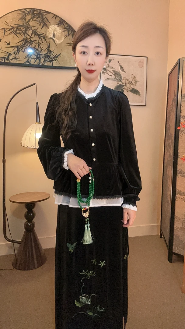 【白瓷语】长袖圆领拼接秋季荷叶边女装洋气百搭衬衫时尚上衣660