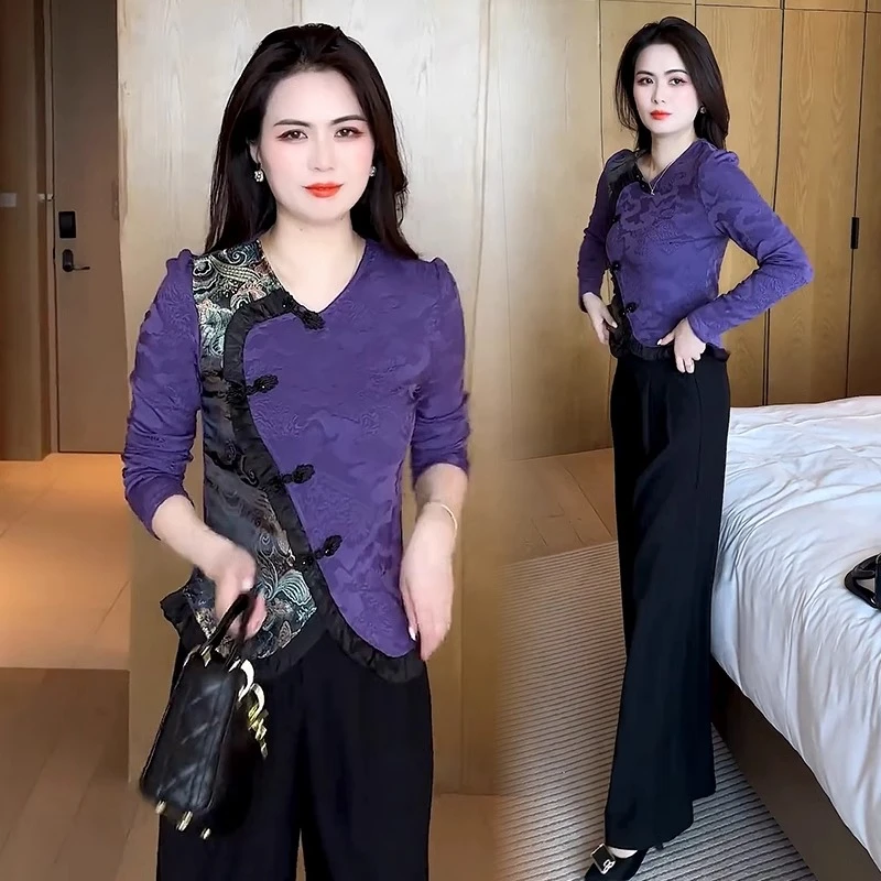 新中式长袖T恤上衣女装2025春秋新款时尚气质V领设计感洋气小衫