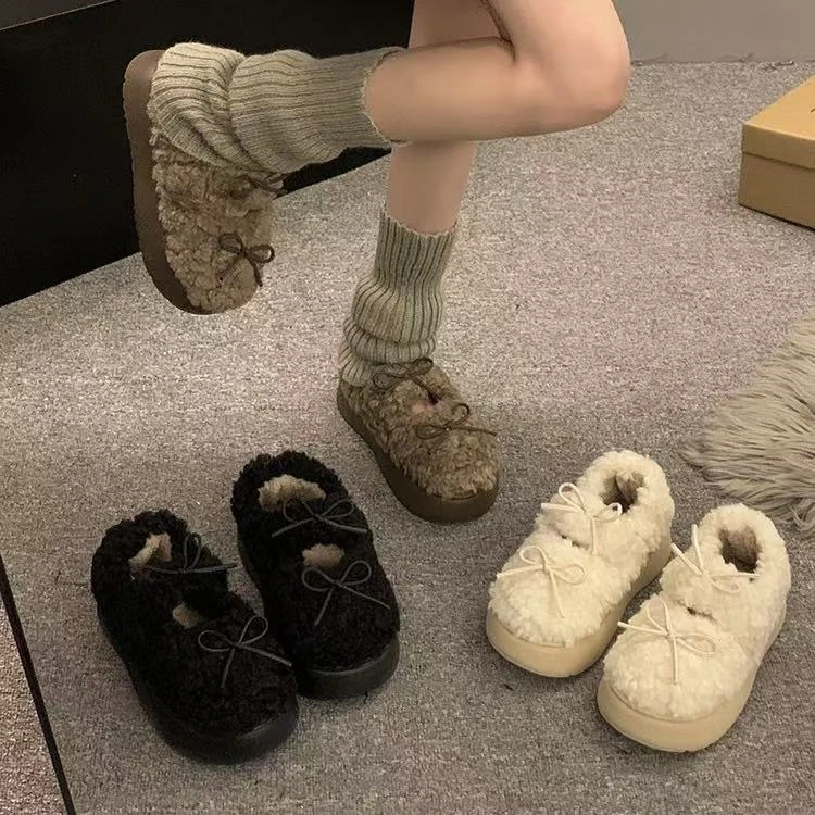 Miu系穿搭~白色一脚蹬厚底毛毛鞋女2025新款秋冬外穿加绒保暖棉鞋