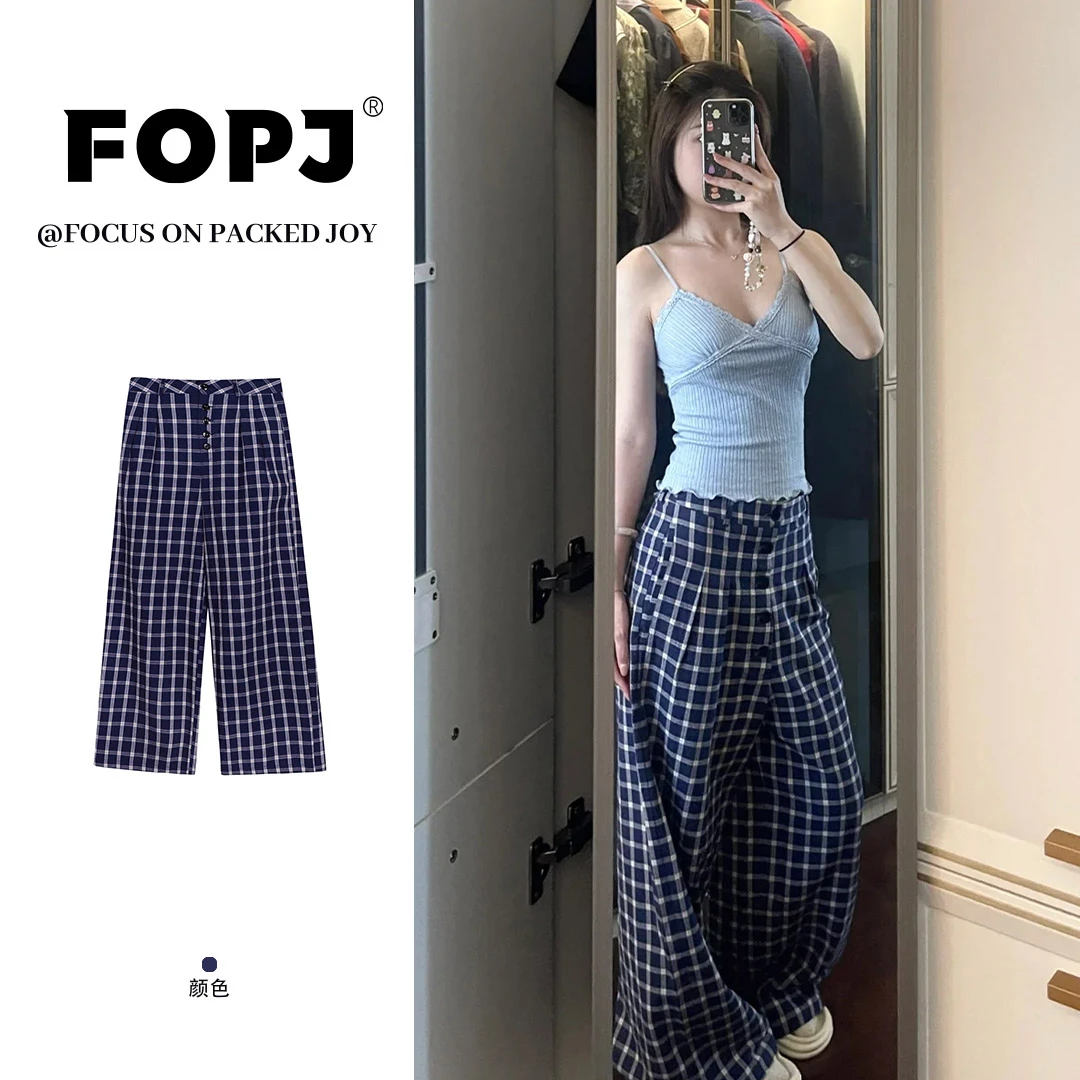 FOPJ美式夏季新款复古高腰格子裤宽松百搭慵懒风设计感时尚拖地裤