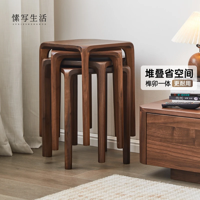黑胡桃木方凳全实木梳妆凳子实木客厅小餐凳全实木板凳