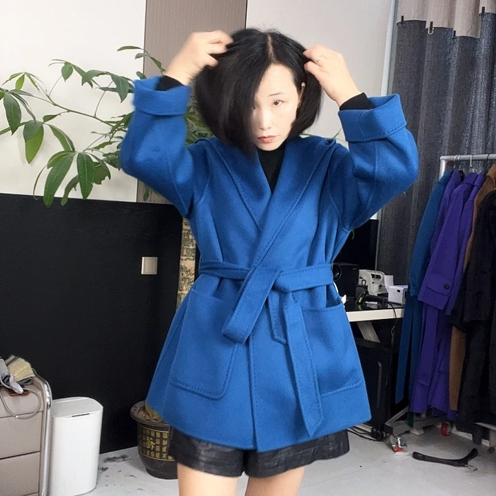 双面呢大衣帽子款中长M码
