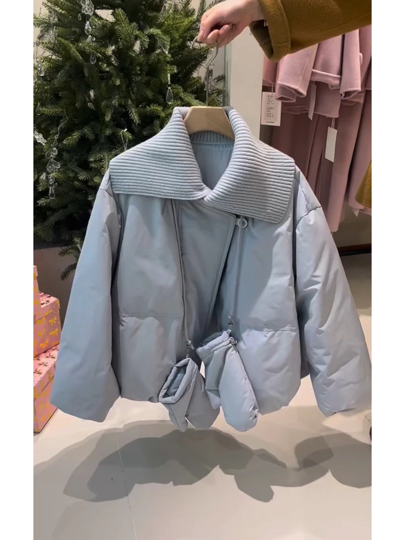 韩系针织拼接翻领棉服女装2025冬季新款设计感小个子减龄保暖外套