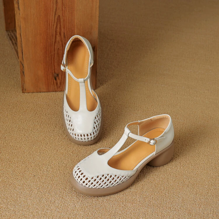 陈老板牛皮厚底6公分/新款舒适经典百搭编织镂空法式方头拖鞋