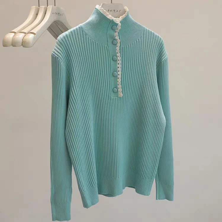 8095蕾丝边拼接半高领毛衣针织衫女长袖显瘦百搭