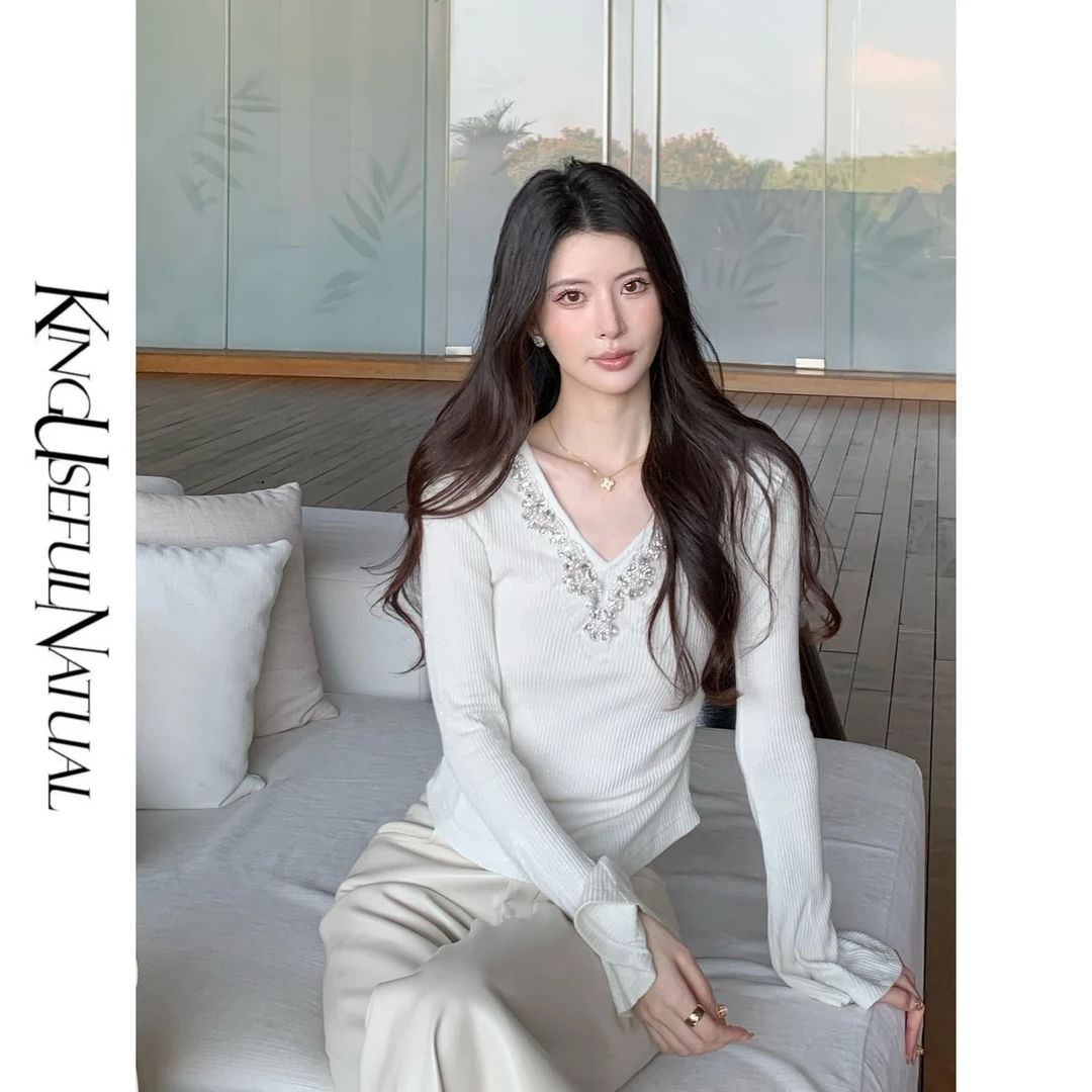 KUN【那不勒斯】时光记忆 米色V领针织衬衫女设计感优雅贵气上衣春