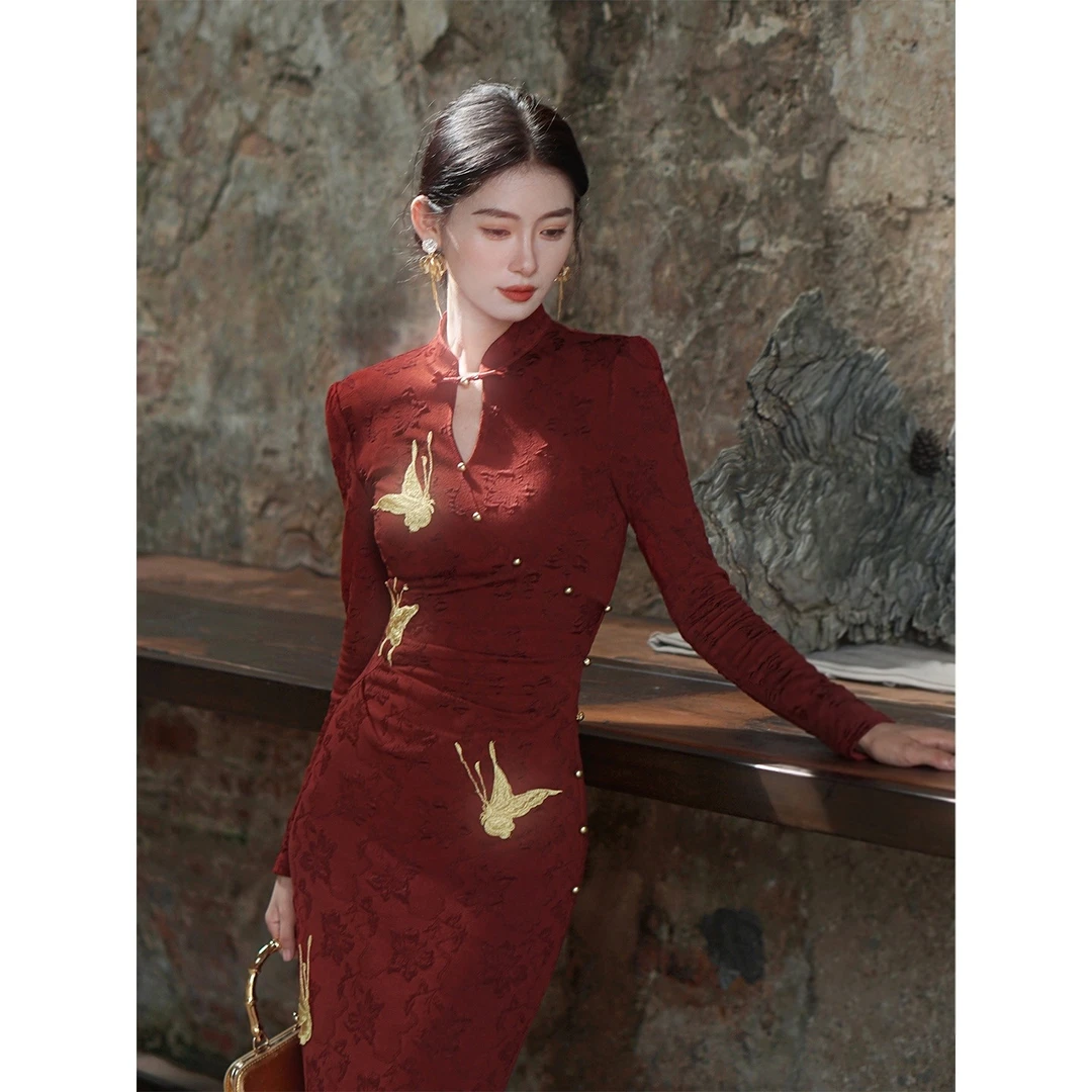 喜相逢新中式改良旗袍女秋季订婚长袖提花针织红色连衣裙