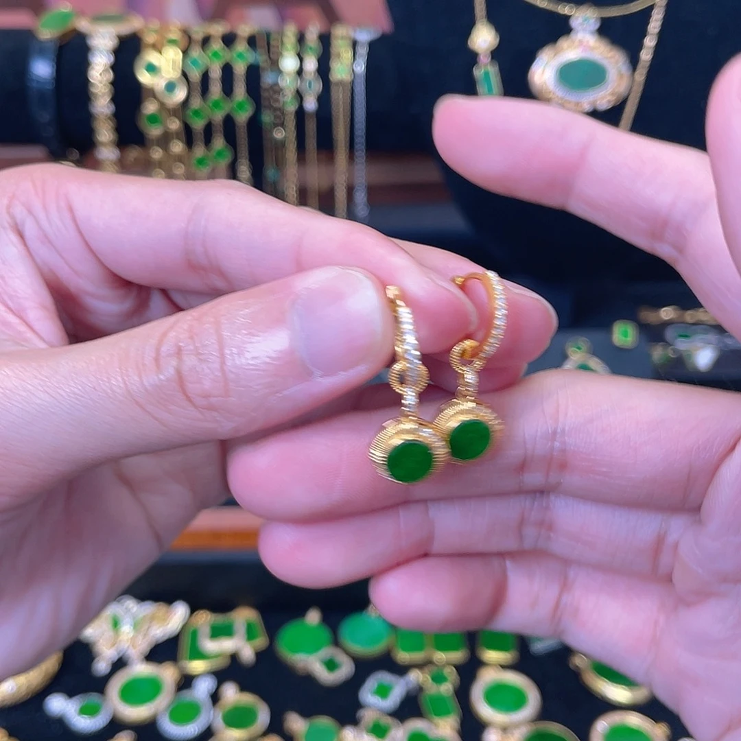 翡翠银S925镀金镶嵌耳饰